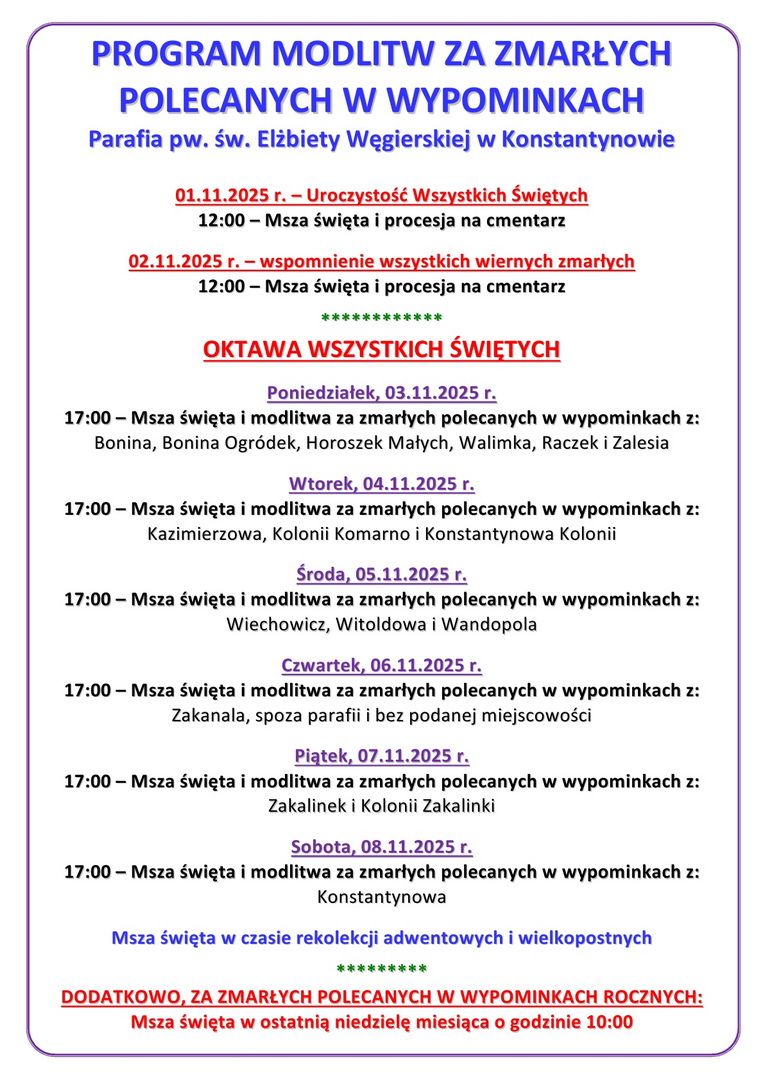 01.11.2025 r. - PROGRAM MODLITW ZA ZMARŁYCH POLECANYCH W WYPOMINKACH